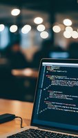Laptop displaying colorful programming code on screen in modern office environment with warm bokeh lights creating atmospheric workspace ambiance.