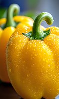 Fresh yellow bell pepper with water droplets in macro photography, highlighting vibrant color and natural texture. Great for food and cooking concepts.