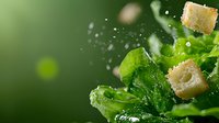 Fresh green salad leaves with crispy croutons splashing and floating in motion against dark background with water drops and dynamic composition.
