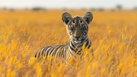 Young tiger cub sitting in golden grassland during sunset, wildlife photography showcasing striped big cat in natural savanna habitat for conservation awareness.