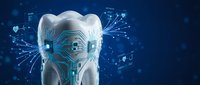 Digital tooth with circuit patterns and glowing connections on blue technology background for dental innovation and smart healthcare concepts.