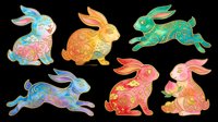 Colorful decorative rabbits with ornamental patterns, isolated on transparent background. Ready for t-shirt design, clipart, stickers, sublimation, print-on-demand products and digital crafts.