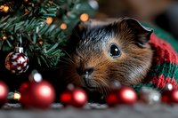 Adorable guinea pig wearing festive sweater sits among Christmas tree branches with red ornaments and warm bokeh lights creating cozy holiday atmosphere.
