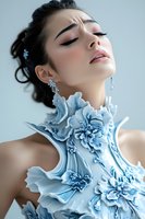 Young Asian woman in light blue haute couture dress with floral appliques, eyes closed, wearing crystal earrings. Elegant fashion portrait with dramatic lighting.