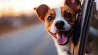 Happy Chihuahua mix dog with bright blue eyes and brown fur sticking head out of car window during sunset drive, showing joyful expression and pink tongue.
