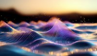 Ethereal waves of purple and blue light dance across a dark horizon, creating a mesmerizing abstract landscape with glowing particles and flowing energy lines at sunset.