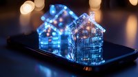 Glowing holographic houses emerging from smartphone screen with blue light effects and bokeh background, representing smart home technology and digital real estate.