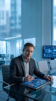 Middle-aged Caucasian male executive in dark blazer and light shirt working with digital tablet in modern glass office with city skyline view and data analytics display.