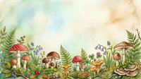 Watercolor illustration of forest floor with various mushrooms, ferns, and woodland plants in earthy tones. Suitable for nature designs, botanical prints, and educational materials.