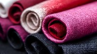 Colorful rolled fabric swatches in pink, burgundy and black tones showing texture detail and layered composition. Macro photography of textile materials.