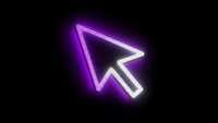 Glowing purple neon cursor arrow pointer with bright luminous effect on black background for digital interface design and technology concepts.
