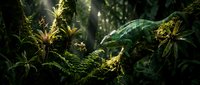 Lush tropical rainforest with vibrant green foliage and dappled sunlight filtering through dense canopy creating magical atmosphere for nature backgrounds.