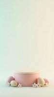 Pastel Easter display podium with speckled eggs and spring blossoms on soft gradient background for product presentation and seasonal marketing campaigns.