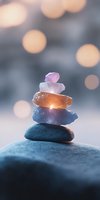 Balanced crystal stack with rose quartz, himalayan salt and blue stones on natural rock against soft bokeh background creates zen atmosphere for wellness designs.