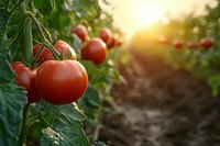Fresh ripe tomatoes growing on vine in organic garden at sunset, natural sunlight creating warm atmosphere through green leaves and soil background.