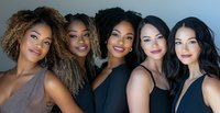 Diverse group of five confident women with radiant smiles and natural makeup wearing elegant evening dresses against gray background, beauty and fashion concept.