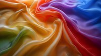 Flowing rainbow silk fabric with elegant folds and waves creates smooth gradient transitions between vibrant colors from orange and red to purple and blue.
