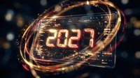 Digital clock displaying 2027 with glowing golden light trails and swirling energy effects on dark background, representing future technology and time passage.