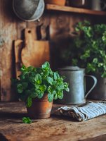 Fresh mint plant in terracotta pot on rustic wooden table with vintage watering can and kitchen accessories in cozy farmhouse setting.