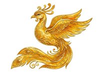 Golden ornamental phoenix with elaborate feathered wings and decorative swirls, isolated on white background. Suitable for luxury branding, textile design, and decorative applications.