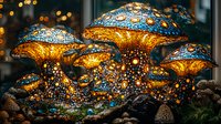 Glowing fantasy mushrooms with intricate blue and gold patterns emit magical light in dark forest setting, creating enchanted woodland atmosphere for fairy tale designs.