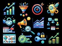 Watercolor business and marketing icon set isolated on transparent background. Includes charts, target, megaphone, handshake, compass, key, rocket. Great for clipart, stickers, print on demand.
