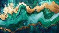 Abstract emerald and teal fluid art with golden accents creating dynamic waves and organic patterns for modern interior design and luxury branding.