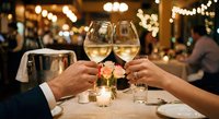 Couple toasting with white wine glasses at elegant restaurant dinner date with romantic bokeh lighting and candles creating intimate dining atmosphere.