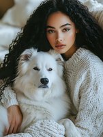 Young mixed race woman with long curly dark hair wearing cream knit sweater embracing fluffy white Samoyed dog in cozy home setting.