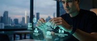 Man in black shirt interacting with glowing digital network icons and data visualization interface against cityscape window background for technology and business concepts.