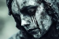 Weathered stone statue face with dramatic shadows and texture showing signs of age and erosion creating haunting atmospheric mood for artistic projects.