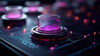 Futuristic glowing purple button on dark technological interface with illuminated circuit patterns and red LED indicators. Modern cyberpunk control panel design.