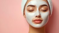 Young woman with white facial mask and towel on head against pink background, eyes closed and relaxed expression showing skincare and wellness routine.