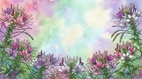 Watercolor floral frame with purple cleome flowers on pastel rainbow background for greeting cards, invitations and decorative design projects.