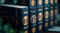 Row of vintage blue leather-bound books with gold embossed spines and decorative emblems on dark wooden shelf, selective focus creates atmospheric depth.