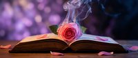 Open book with pink rose and smoke rising from pages against purple bokeh background, symbolizing literature, imagination, and storytelling for book covers and educational content.