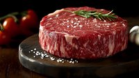 Raw marbled ribeye steak with rosemary sprig and sea salt on dark wooden board, dramatic lighting creates appetizing mood for food photography and menu design.