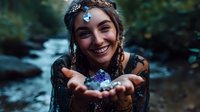 Young woman in mystical forest attire holds glowing crystals near stream, wearing ornate headpiece with spiritual symbols, expressing joy and wonder in magical setting.