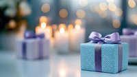 Elegant turquoise gift box with purple ribbon bow against soft candlelight bokeh background, creating festive holiday atmosphere for celebration events.