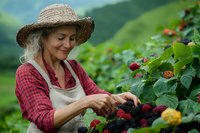 Mature Caucasian woman in straw hat and red plaid shirt harvesting fresh blackberries in garden. Organic farming and sustainable agriculture concept.