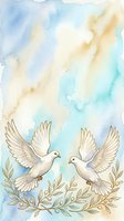Pair of white doves flying with olive branches against soft watercolor wash in blue, cream and gold tones. Suitable for peace, spirituality, wedding and greeting card designs.