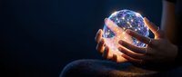 Hands holding glowing earth globe with golden light energy, representing global connection, sustainability, and future technology for business and environmental concepts.