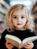 Young girl with blonde curly hair wearing black sweater holds open book in library setting, soft bokeh background creates dreamy educational atmosphere.