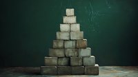 Concrete blocks stacked in pyramid shape against dark green textured wall, creating geometric construction pattern with rough industrial materials.
