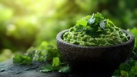 Fresh green cilantro leaves in rustic stone bowl on dark slate surface against blurred garden background with natural sunlight and bokeh effect.