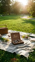 Romantic picnic in sunny park with wooden chocolate box labeled Love, wine glasses, wicker basket, and wildflowers on cozy blanket.