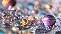 Colorful water droplets with reflections creating abstract macro photography with purple, gold, and blue tones on reflective surface.