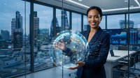 Professional businesswoman holding holographic globe with network connections in modern office overlooking city skyline at dusk.