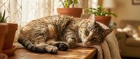 Tabby cat sleeping peacefully on a wooden table surrounded by houseplants in a cozy sunlit living room interior.