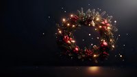 Festive wreath with glowing lights, red ornaments and berries floating against dark background. Magical holiday decoration with sparkles and pine branches.
